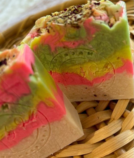 Handmade soap with Sandalwood perfume and multi coloured soap by figjamsoap