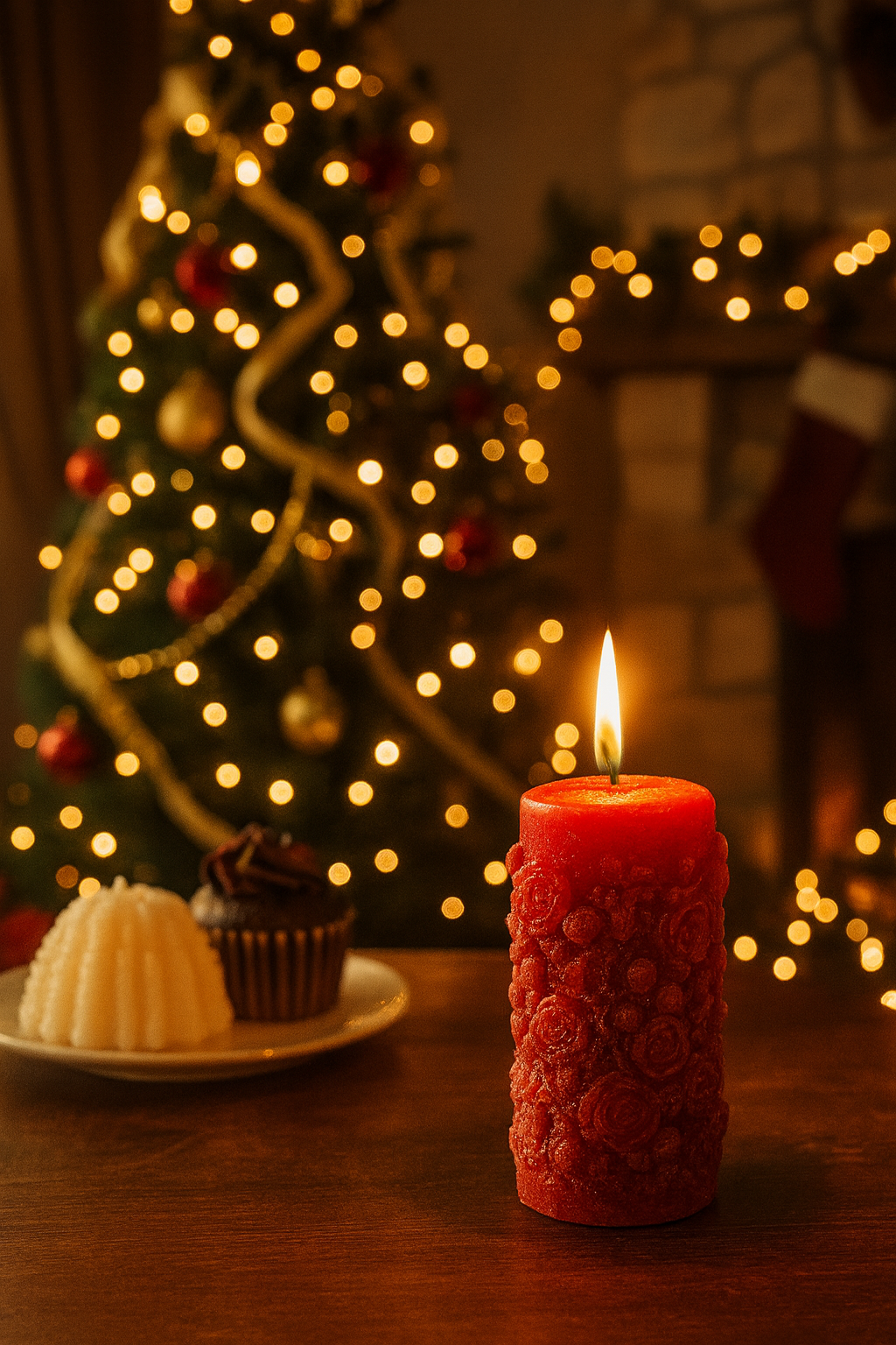 Red candle on a table with a decorated Christmas tree in the background